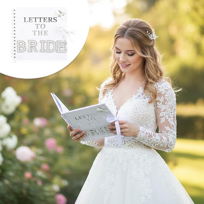 8 x 8 Inch Letters to The Bride Scrapbook Wedding Scrap Book Letters To The Bride Book Bridal DIY Blank Paper Scrapbook Photo Album with Pearl Stickers, Metallic Letters, Bows(White)
