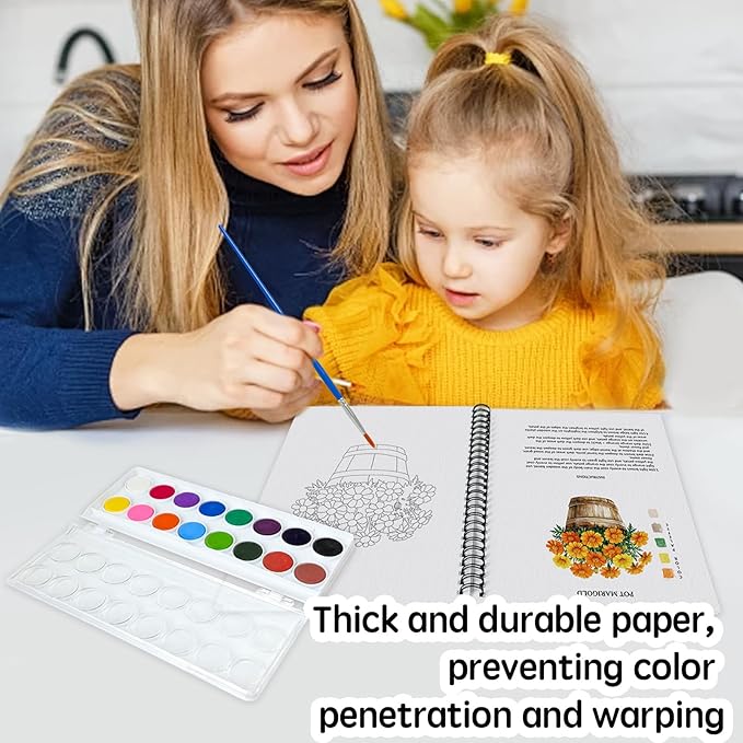 SLWBZ Watercolor Workbook Bouquets, 15 Different Patterns of Original DIY Designs, 16 Color Watercolor Paint Plates with Palette and Brush, Beginner-Friendly Watercolor Workbooks, Bouquets