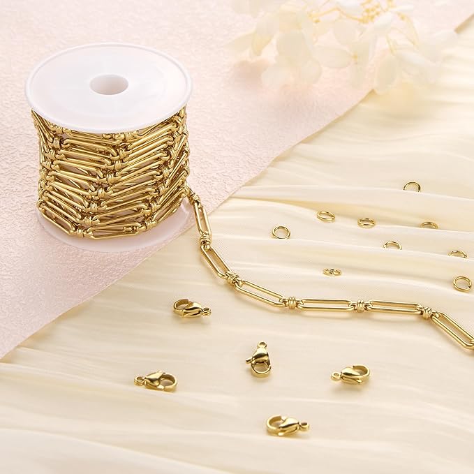 Jabogrii 6.5 Feet Gold Stainless Steel Chain for Jewelry Making Craft Paperclip Jewelry Making Chains Roll with Lobster Clasps and Open Jump Rings