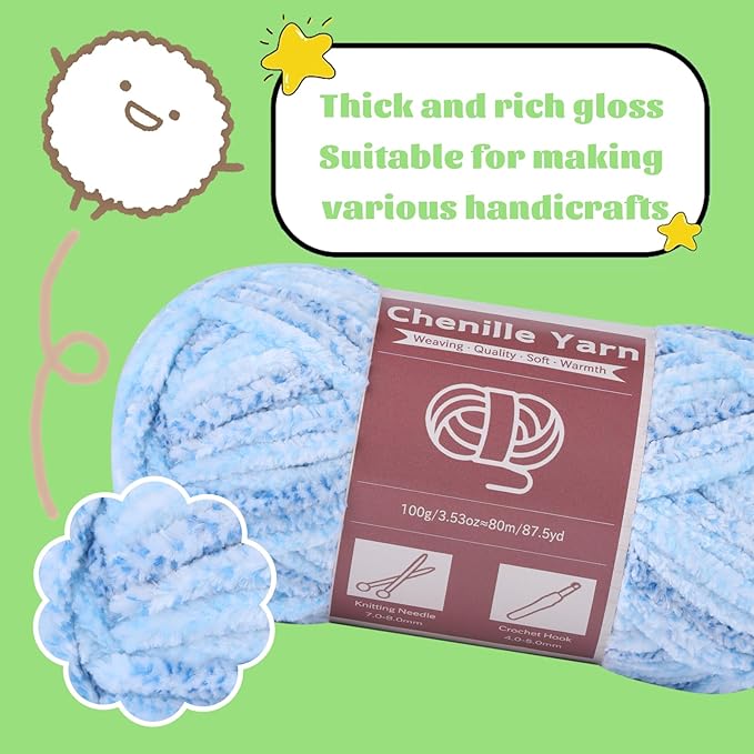 LUNARM Chenille Yarn for Crocheting Knitting, 3 Skein 10.58 oz / 263 Yard Thick Soft Chunky Fluffy Weaving Plush Yarn for Blankets Clothes Pattern with Big Eye Needles(Blue Gradient)