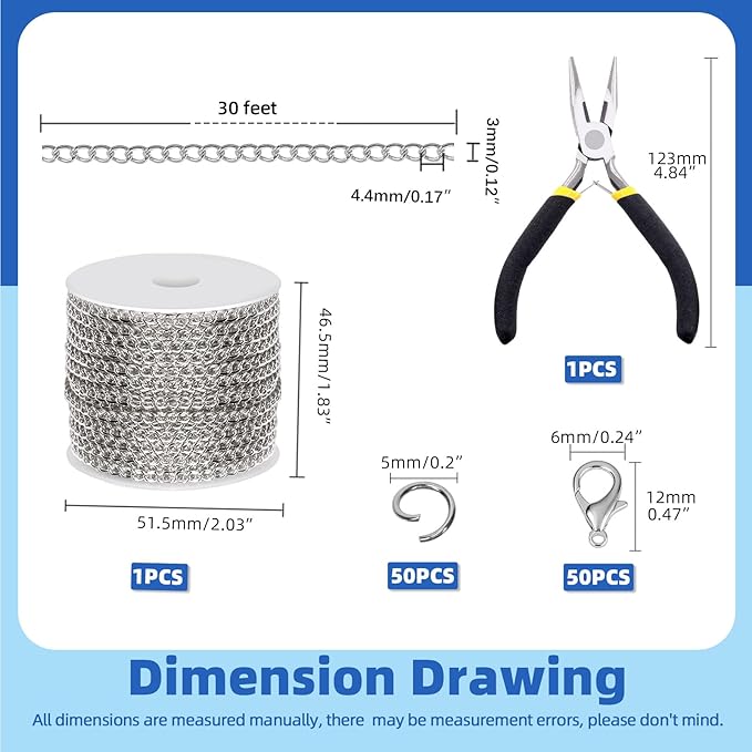 Glarks 102Pcs 30 Feet Jewelry Chains Set White Cable Link Chains Link Rolls Bulk Twisted Links Chain Necklace Jewelry Making Chains with Lobster Clasps and Jump Rings for Necklace Jewelry Making