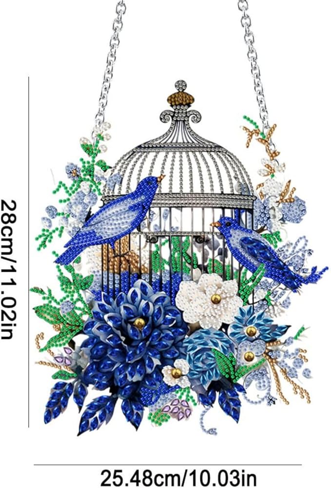 Flower Birdcage Design DIY Diamond Art Painting Wreath Kits Special Shaped Rhinestone Diamond Art Window Pendants Home Garden Wall Hanging Kits (Single Side Point Drill) (#11-Cat) (#01-Bird)