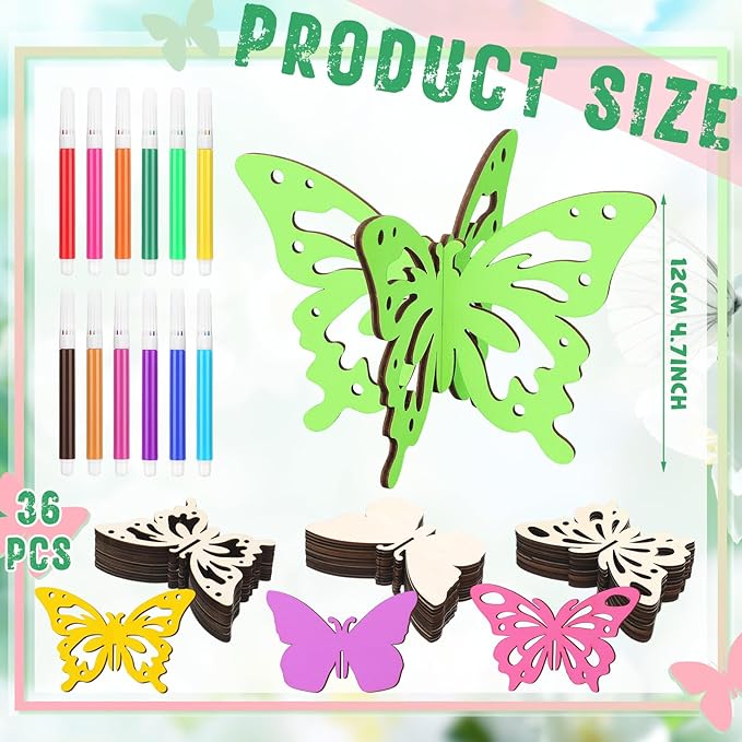 Blosssound 48 Pcs Spring Crafts Set 36 Wood Butterfly for Crafts 3D Butterfly Cutouts with 12 Colored Pens Wooden Unfinished Slices for Painting Summer Tiered Tray Tabletop Decor DIY Handmade