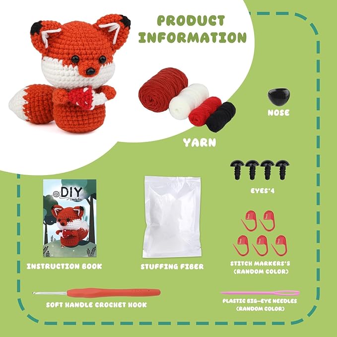 Mnuizu Crochet Kit for Beginners, Animal Crochet kit for Starters with Instructional and Step-by-Step Video Tutorials, Complete Crochet Accessories, Crochet Kit for Adults,Easy Starter Present(Fox)