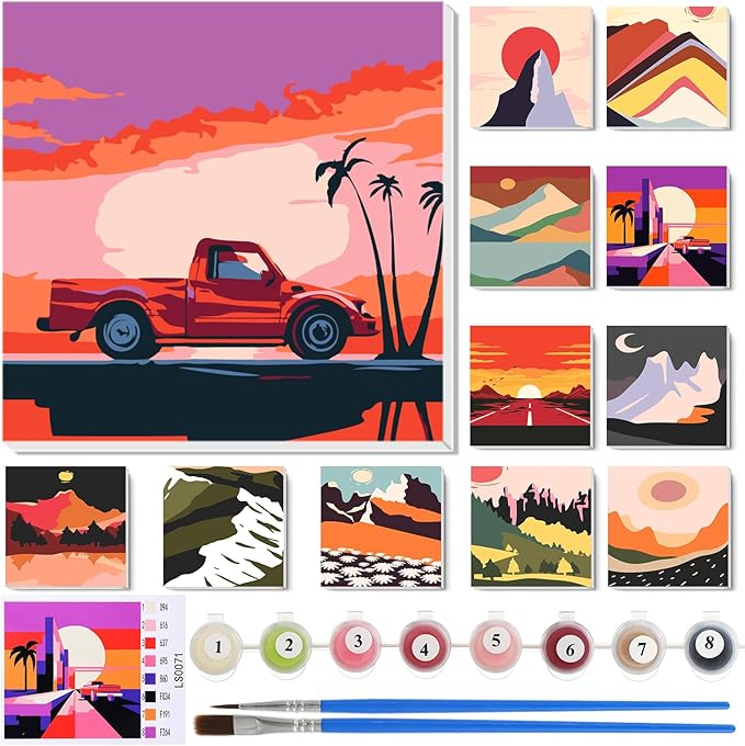 Nezyo 12 Sets Paint by Numbers Kit with Frame for Adult Beginners, Paint by Number DIY Acrylic Painting Canvas for Painting Party, Classroom Activity Birthday Gift, 8 x 8 Inch