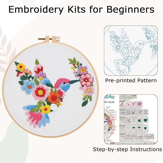 Nuberlic Bird Flower Embroidery Kit for Beginners -Adults Starter Cross Stitch Kit DIY Needlepoint with Hoop, Pre-Printed Fabric, Threads & Step-by-Step Guide