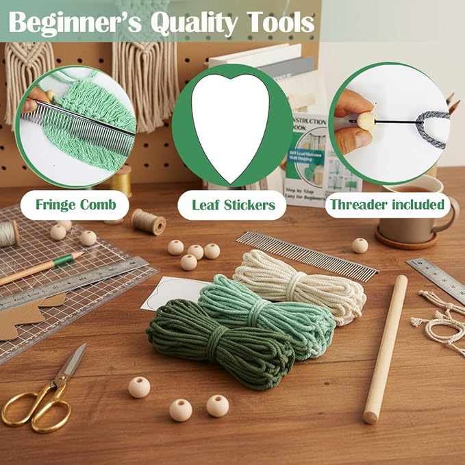 Ewparts Macrame Leaf Wall Hanging Kit – 3mm Cord with Fringe Comb, Threader & Leaf Template,Include Step-by-Step Instructions, Complete DIY Wall Decor Set for Beginners, Boho Craft Kit for Adults