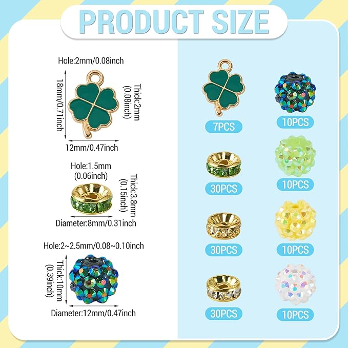 Cheriswelry St.Patrick's Day Jewelry Making Kit Green Clover Four Leaf Pendants Clay Disco Ball Beads Flat Round Rhinestone Spacer Bead for DIY Bracelet Necklace Earring Crafts 137Pcs/Set