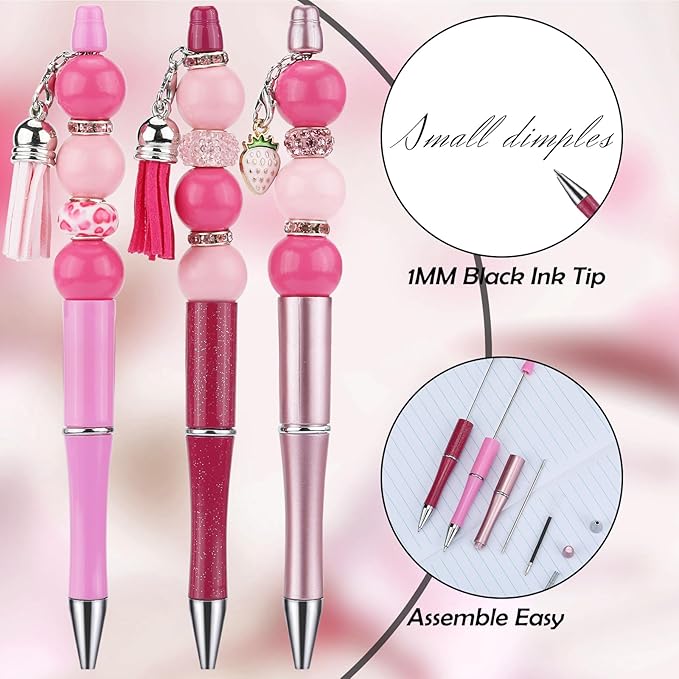 12pcs Valentine's Day Beadable Pens Bulk Pens for Beads Beaded Pen Kit for Students Teacher Office Supplies and DIY Valentines Day Gifts(Pink)