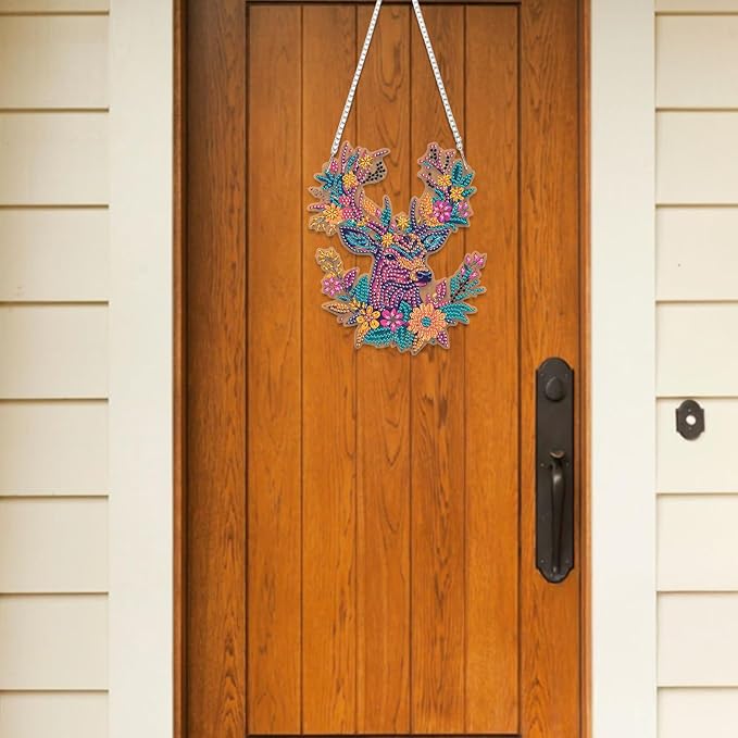 RICUVED Hanging Diamond Art Kit for Adults, Deer Special Shaped Crystal Gem Craft Flowers Diamond Painting Pendant Kit for Beginners, DIY Hanging Acrylic Art Ornament for Home Garden Wall Decor