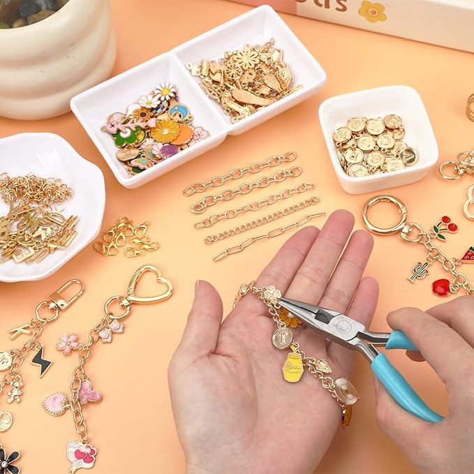 AUGSUN 439Pcs Charm Keychain Making Kit, Including 162 Charms 30 Keychain Clips Hooks 25 Extender Chains 200 Jump Rings and Jewelry Plier, Bulk Bag Charm Keychain Kit for DIY Keychains Making Craft
