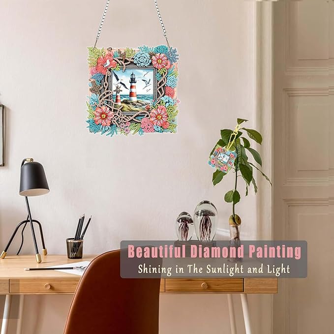 Masendp Hanging Diamond Art Decorative Kit 5D Diamond Painting Kit, DIY Lighthouse Landscape Theme Diamond Art Kit Suitable for Beginners and Adults, Home Wall Decoration