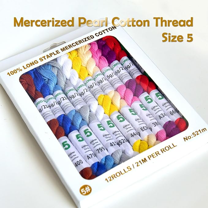 Mercerized Pearl Cotton Crochet Needlepoint Thread,Size 5, 12 skeins,12 Mixed Colors,21 M/Skein