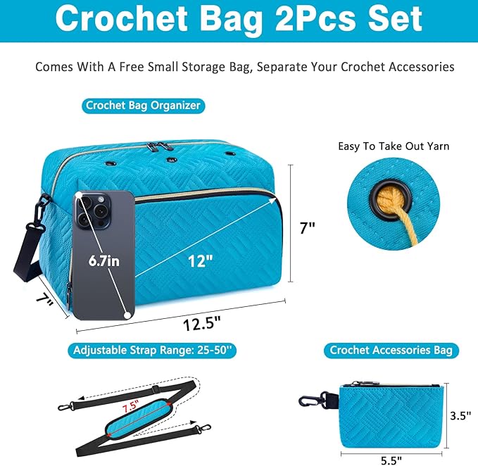 IBFUN Crochet Yarn Knitting Bag 2 Pcs Yarn Storage Organizer Crocheting Bags for Beginners with Shoulder Strap for Knit Accessories Needles Hooks