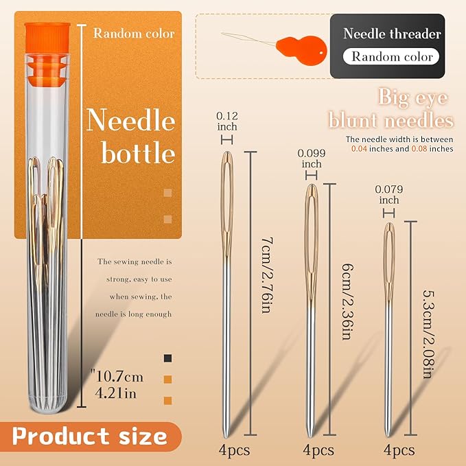 TLKKUE 12 Pcs/3 Sizes Large-Eye Blunt Needles, Steel Yarn Needle with Needle Threader, Tapestry Needle for Sewing Crochet Knitting Embroidery (Gold 2.08in/2.36in/2.76in)