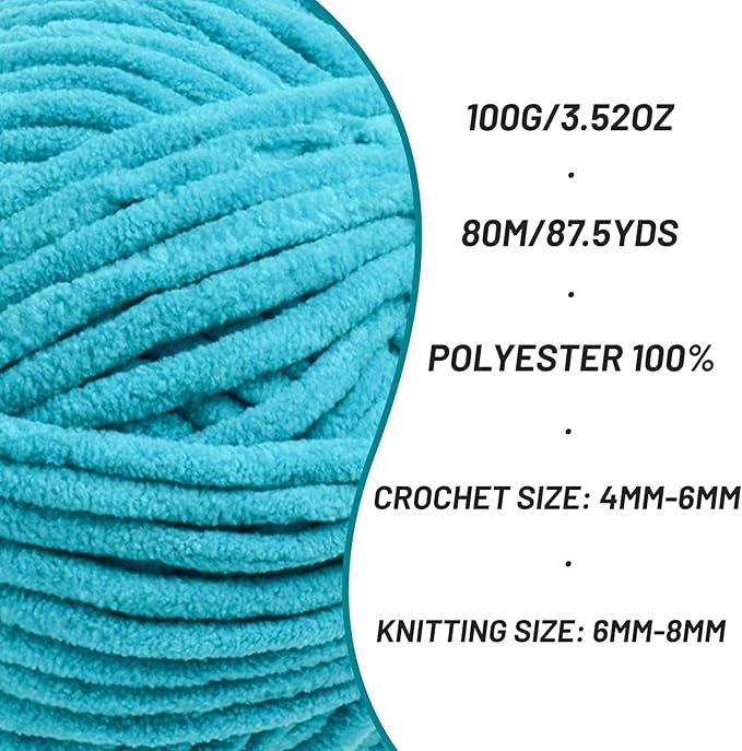 2 Pack Chunky Chenille Yarn for Crocheting, Baby Yarn for Crocheting Soft Blanket, 174.9 yds /7 oz Crochet Yarn, Bulky 5 Amigurumi Yarns, Fluffy Velvet Yarns for Knitting Crafts (2 Lake Blue)