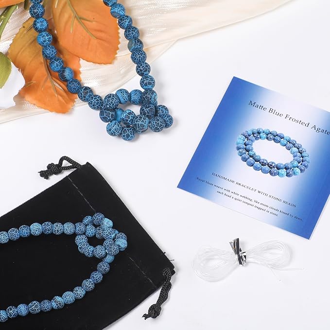 Stone Beads, 60pcs Matte Blue Frosted Agate, 6mm Round Loose Beads for Jewelry Making, Bracelets, with Bag, String & Card