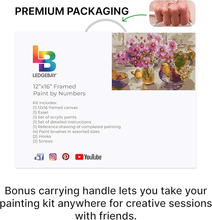 Ledgebay DIY Paint by Numbers Kit for Adults Framed Canvas Beginner to Advanced Paint by Numbers Kit, Kits Include Acrylic Paint set, Brushes & Tabletop Easel (Cosmos from The Garden 12" x 16" Framed)
