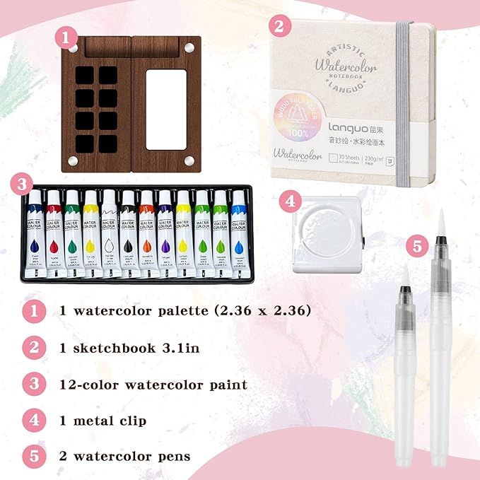 Mini Watercolor Paint Set - Travel Watercolor Set, Pocket Artist Water Color Travel Set with 12 Colours, Sketchbook, Watercolor Pens, Wooden Palette Box for Painters Artists Students