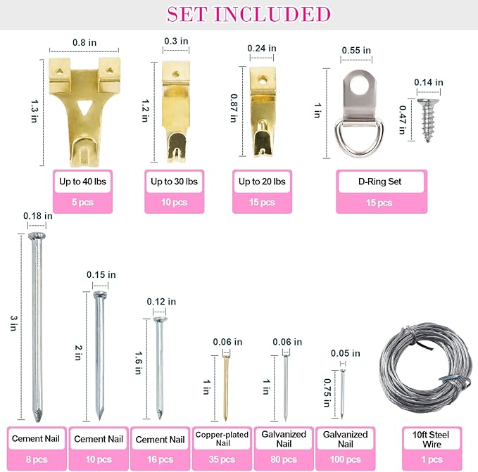 Picture Hanging Kit, 315pcs Hanging Hardware with Hooks, Wire, Nails, D Ring, Wall Hanging Kit with Hangers, Magnetic Level and Small Pink Claw Hammer, nails for hanging pictures for Home Decor