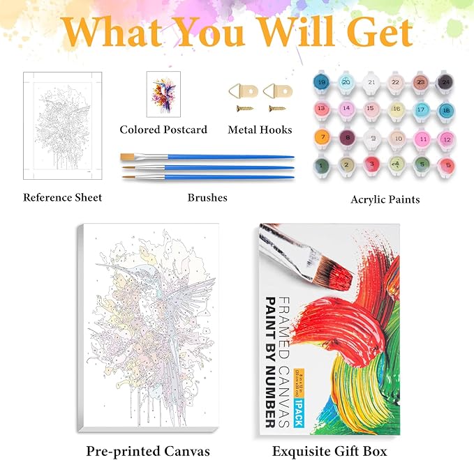 Framed Paint by Numbers Kit for Adults Beginner Hummingbird, Adult Paint by Number Kits on Canvas Framed Bird, DIY Acrylic Oil Painting by Numbers with Frame, Perfect for Home Decor Gift 8 X 12 Inch