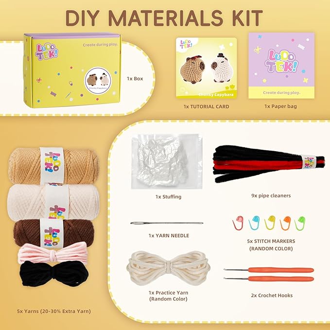 LUDOTEK Crochet Kit for Beginners, Crochet Animal Kits,Crocheting Kit for Starters with Step-by-Step Video Tutorials, Beginner Crochet Kits for Adults(Sitting Capybara)