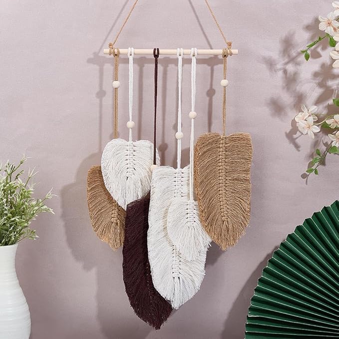 FREEBLOSS DIY Macrame Leaf Wall Hanging Beginners Macrame Kit Leaf Woven Tapestry Feather Wall Hanging DIY Macrame Kit for Adults Birthday Gift (Grey&White)