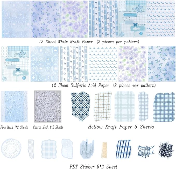 Diuhofart Floral Lace Textured Papers for Crafts, Blue Theme Scrapbook Paper Stickers, 47 Sheets Collage Materials Mesh for Junk Journaling Supplies Scrapbooking