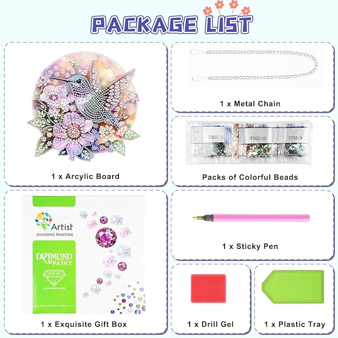 KEYIFA Hummingbird Diamond Painting Kit, DIY Flower Diamond Art for Adults, Diamonds Pendant Special Shaped Rhinestone Window Hanging Ornaments Home Garden Wall Door Decoration, 20cm Width