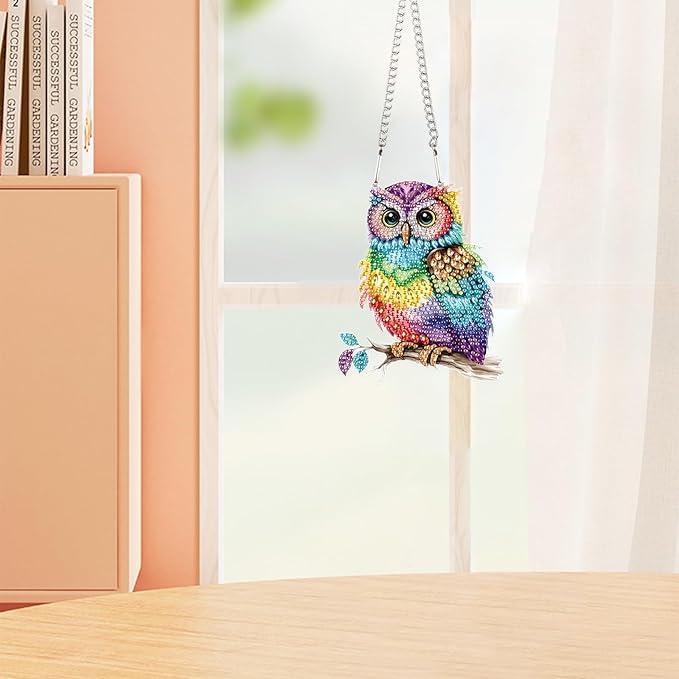 Animal Colorful Owl DIY Diamond Painting Pendant Kit - Acrylic Rhinestone Round Diamond Art, Special Shaped Window & Wall Hanging Decoration for Home & Garden Gift