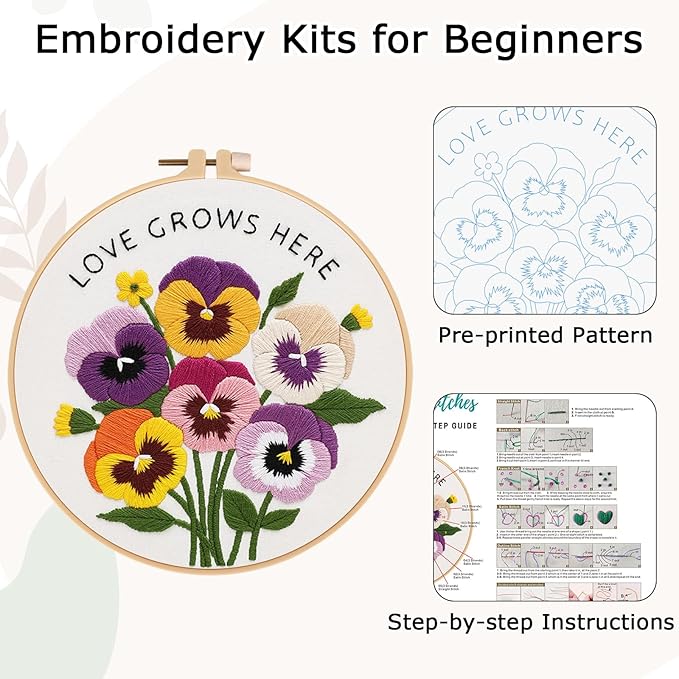 Nuberlic Pansy Flower Embroidery Kit for Beginners Cross Stitch Kits- Complete Starter Set with Hoop, Pre-Printed Fabric, Threads & Needles