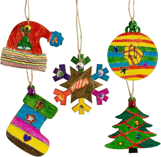 Anditoy 50 PCS Christmas Wooden Hanging Ornaments Unfinished Wood Slices Christmas Crafts for Kids DIY Christmas Decorations Party Supplies Favors