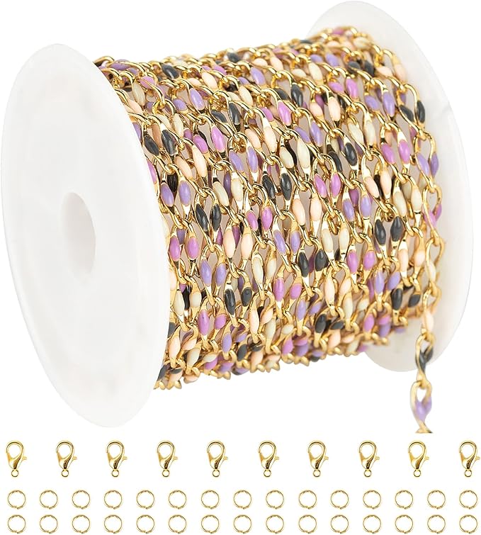 2 Yard Mixed Color Enamel Chains for Jewelry Making Gold Plated Brass Cable Link Chain Roll for Women Necklace Bracelet DIY Jewelry Supplies Findings