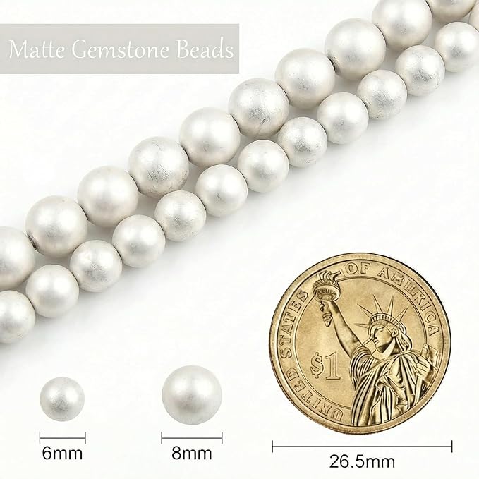 Stone Beads, 45pcs Matte Silver Hematite, 8mm Round Loose Beads for Jewelry Making, Bracelets, with Bag, String & Card