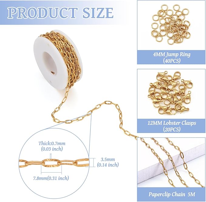 Sparkeads 5M Real 18K Gold Plated Golden Chain For Jewelry Making,Stainless Steel Chain,Golden Link Necklaces For Women,Paperclip Cable Chain for Bracelet DIY Earring Jewelry Making Kits,7.8x3.5x0.7mm