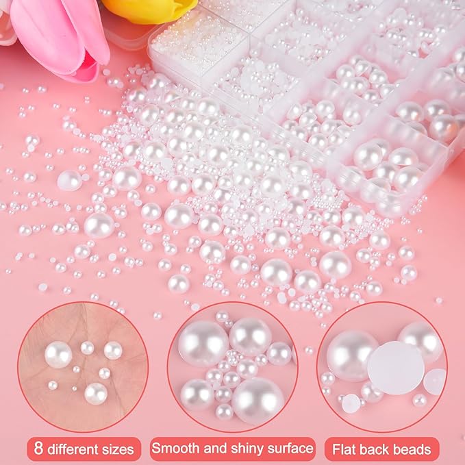 NEBURORA 13000 Pcs White Flat Back Pearl Kit 8 Sizes with Tweezer and Picker Pencil Flatback Pearl Beads Half Round Pearls for Crafting DIY Crafts Nails Makeup Shoes Phone Case