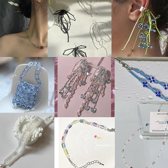 9600pcs Tube Beads Kit for Adults, Glass Bugle Seed Beads for Jewelry Making, Small Craft Bead for DIY Bracelet Necklaces Craft Making with Two Crystal String (7mm/24 Colors)