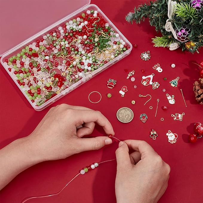 PH PandaHall 873pcs Christmas Earrings Making Kit, 4/6/8mm Red Green Beads Santa Claus Glove Snowflake Wreath Alloy Enamel Charms Earring Hooks Jewelry Findings for DIY Earrings Craft Jewelry Making