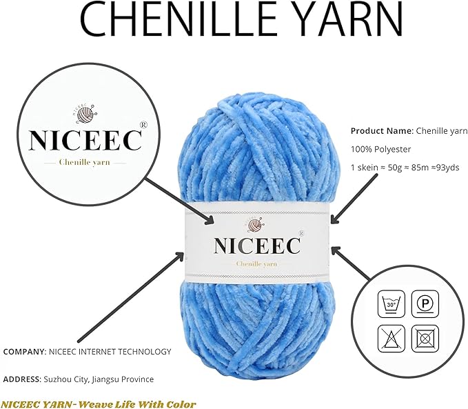 NICEEC 3 Skeins Soft Chenille Yarn Assorted Colors Blanket Yarn for Knitting Fancy Yarn for Crochet Weaving DIY Craft Total Length 3×85m (3×93yds, 3×50g)_Blue Series