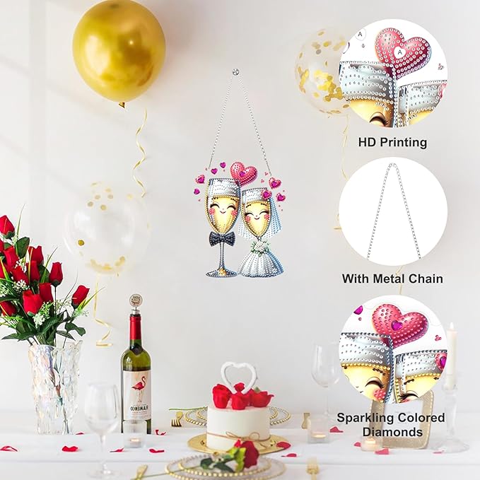 Valentine's Day Diamond Art Hanging Ornaments Kits for Adults, Diamond Painting Pendant Kits, DIY Acrylic 5D Special Shaped Crystal Gem Art Painting Ornament for Home Wall Decor Gift 8x8 Inch