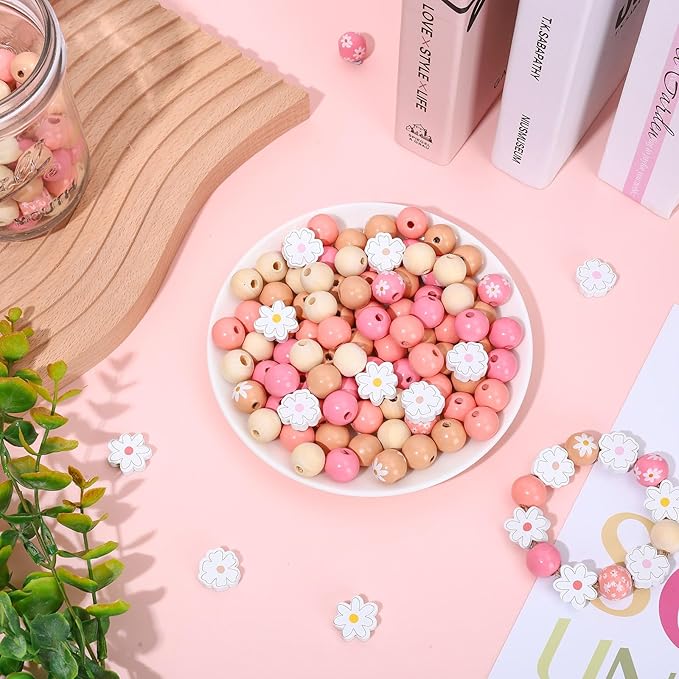 Whaline 230 Pcs Boho Daisy Wooden Beads Summer Flower 16 Mm Round Loose Beads 20 Mm Daisy Bead Natural Colorful Floral Printed Bead for DIY Crafts Jewelry Necklaces Bracelet Keychain Making