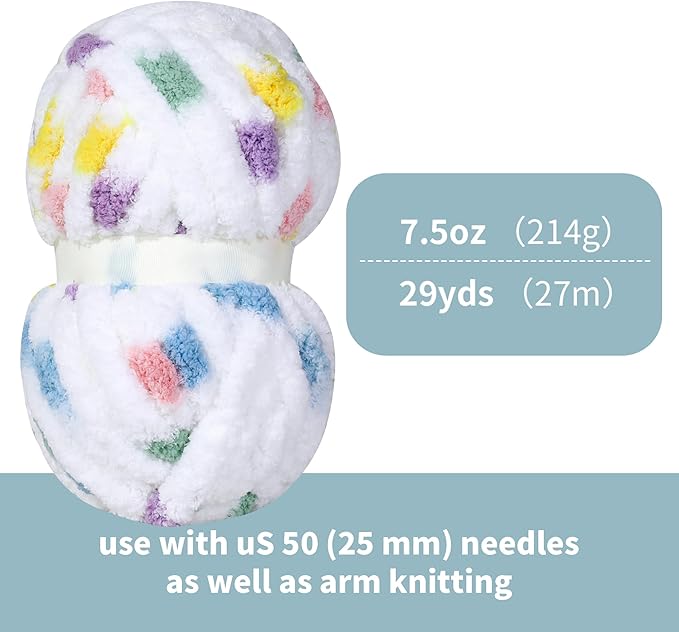 HOMBYS Chunky Tie Dye Mix Chenille Yarn for Hand Knitting, Super Bulky Jumbo Yarn for Crocheting, 3/4" Thick Soft Plush Yarn for Blankets, 8 Skein Pack (26 yds / 7.5 oz Each) Rainbow White