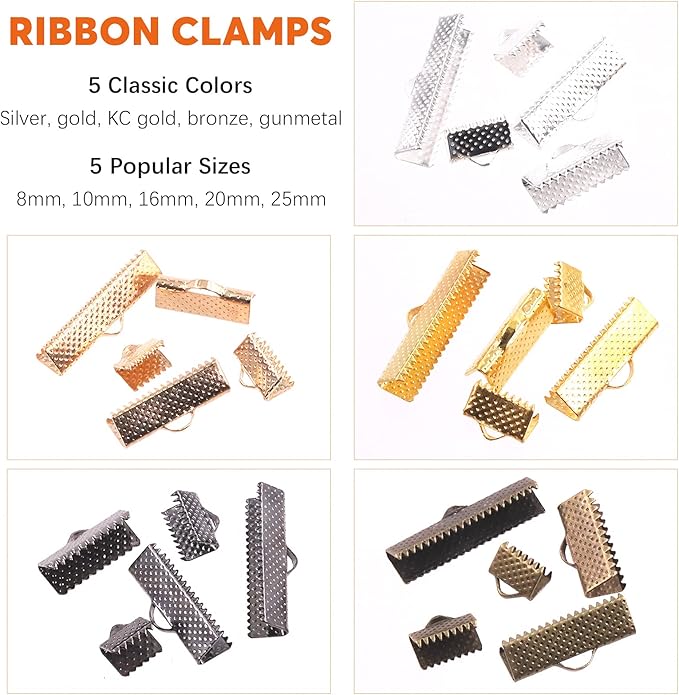 701Pcs 5 Colors Ribbon Clamp Ends for Jewelry Making with Pliers Tool Assortment Kit Bracelet Leather Bookmark Pinch Crimp Ends with Loop
