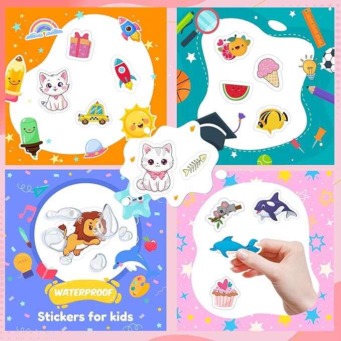 karslora 36 sheets stickers for kids, 800+ stickers for scrapbooking including animals, fruits, dinosaurs, hearts, cats, fish, cars, space and more, party favors for kids