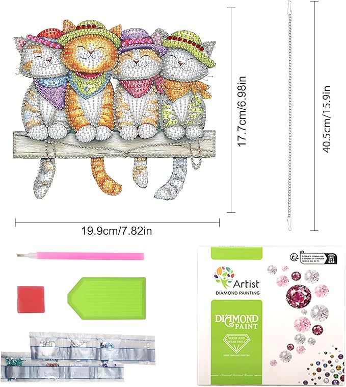 Lxmsja DIY Cute Cats Bench Diamond Painting Hanging Ornament, Double-Sided Acrylic Colorful Bandanas Diamond Art Kit, Special Shaped Suncatcher Hanging Pendant Window Art Kit