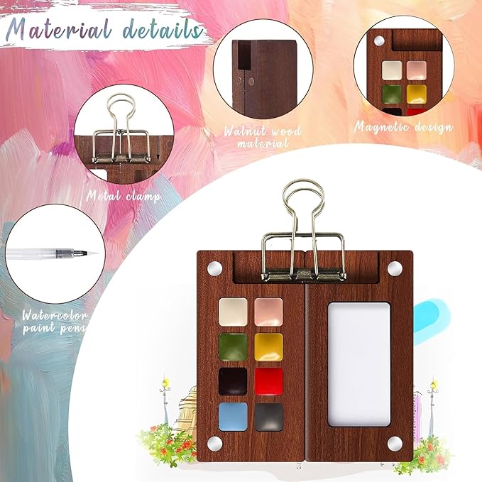 Mini Travel Watercolor Paint Set - Wooden Palette Box with 8 Colors Watercolor Paint, 300GSM Watercolor Notebook, Water Brush Pen & Clip, Pocket Watercolor Kit Mini Paint Set for Adults Artists Students Beginners