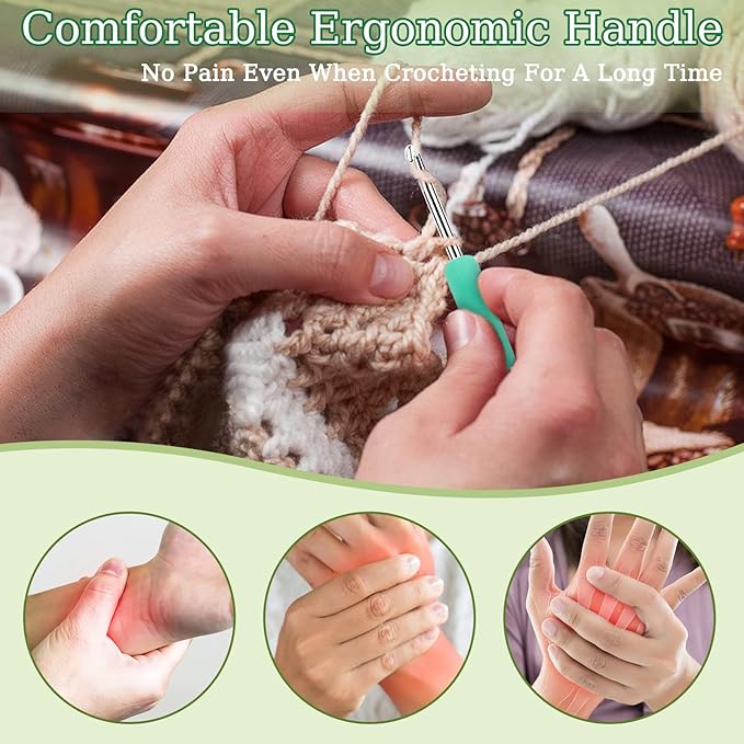 Aelike Ergonomic Soft Grip Crochet Hooks, Portable Travel Set with Accessories, Aluminum Needles 2mm-6mm