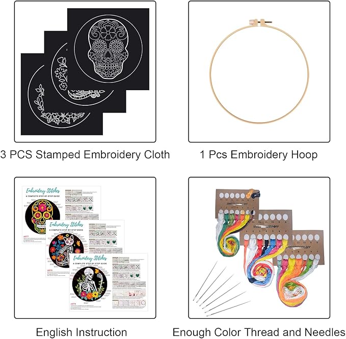 louise maelys 3 sets halloween embroidery kits for beginners,cross stitch kit for adults,diy starters needlepoint with skull flowers pattern,including instruction