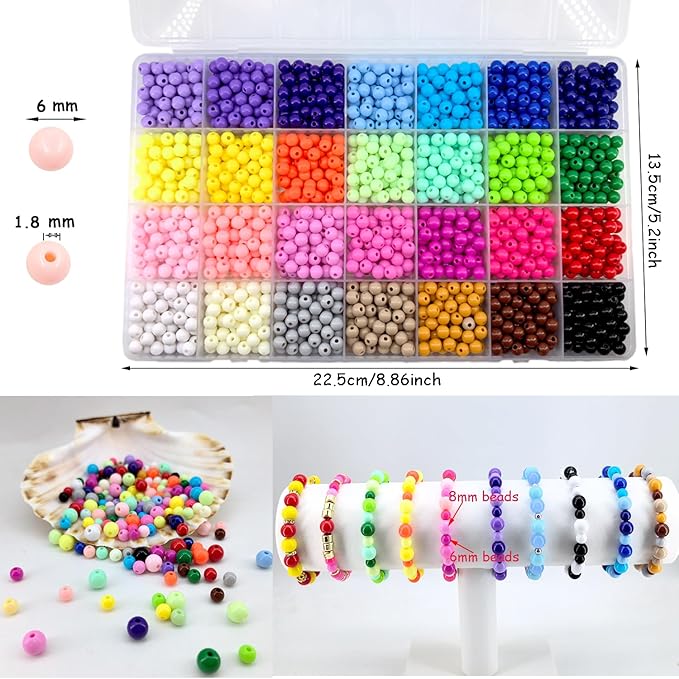 1820Pcs 6mm Acrylic Round Beads for Jewelry Making, 28 Colors Rainbow Round Beads for Bracelets Making Kit Candy Color Plastic Bubble Gum Beads Pastel Loose Beads Bulk for DIY Necklace Crafts, Medium