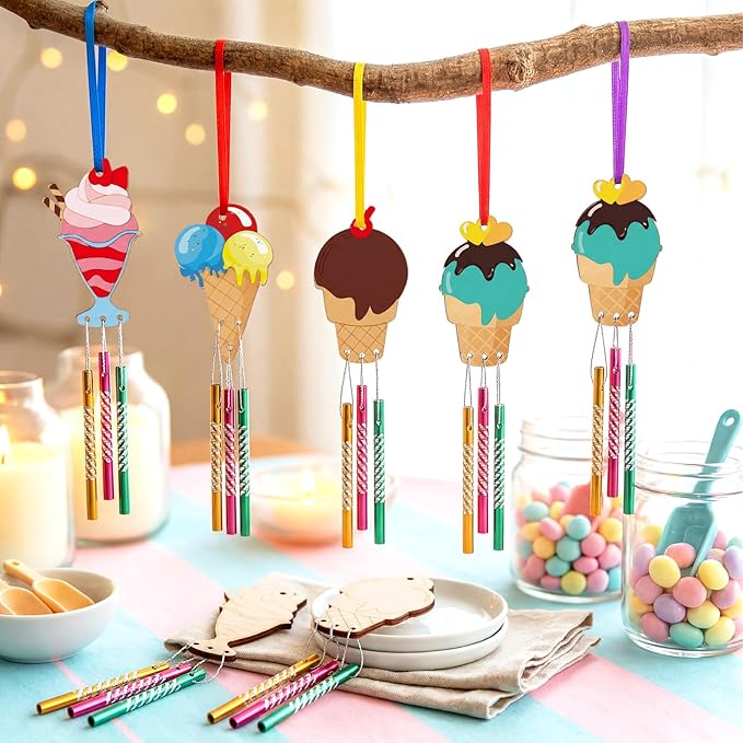 JellyArch 30 Pack Summer Ice Cream Wind Chime Kit for Adults, Summer Crafts DIY Make Your Own Wind Chime Window Art Ornaments for Party Birthday Home Activity Project